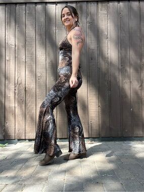 Cheetah Print Halter Backless Lace Up Jumpsuit Flare Leg Disco Festival Rave M